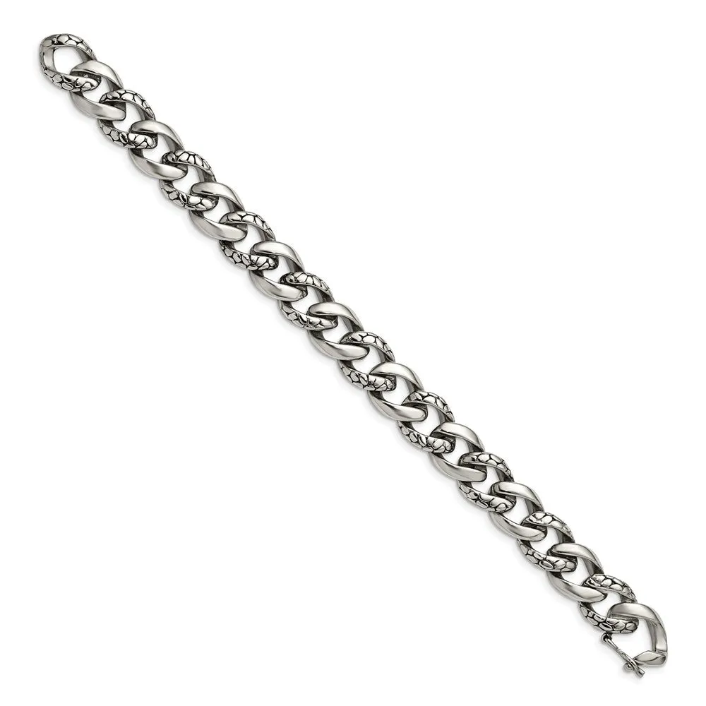 14mm Stainless Steel Textured & Polished Curb Chain Bracelet, 8.5 Inch