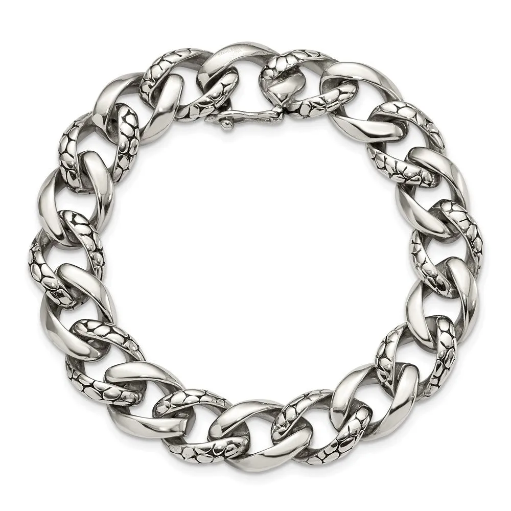 14mm Stainless Steel Textured & Polished Curb Chain Bracelet, 8.5 Inch