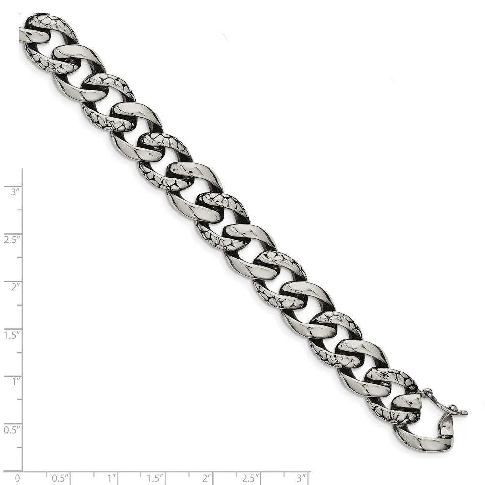 14mm Stainless Steel Textured & Polished Curb Chain Bracelet, 8.5 Inch