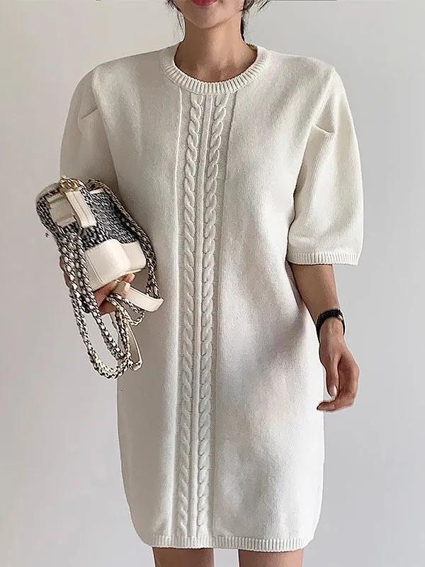 Elegant Short-sleeved Knitted White Short Dress