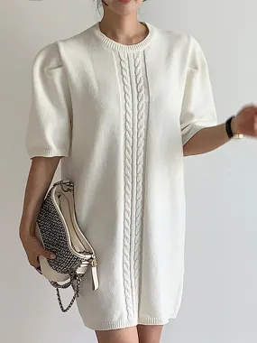 Elegant Short-sleeved Knitted White Short Dress