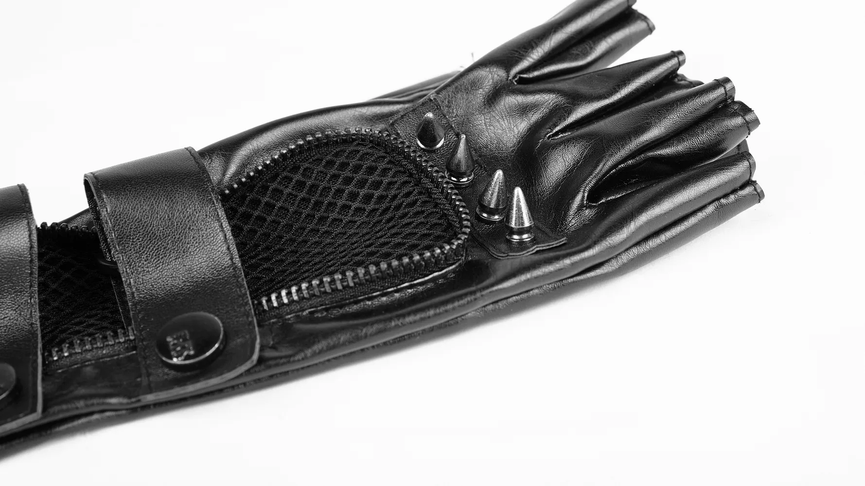 EU SALE of Black Punk Gauntlet Gloves with Spiked Joints and Mesh Accents