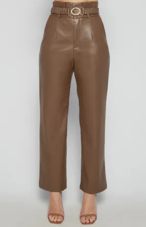 Faux Leather Paper Bag Waist Pants with Gold Buckle (SPA471B)