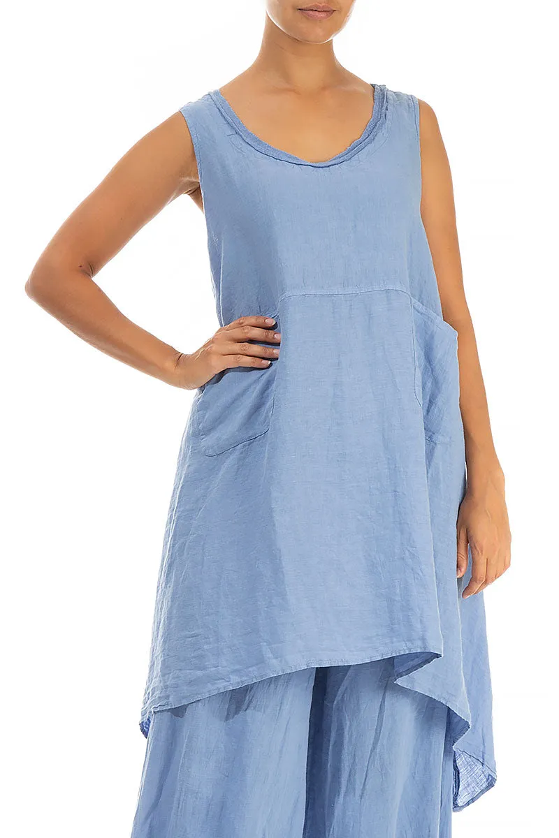 Flared Sleeveless Blue Linen Tunic