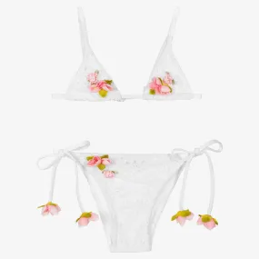 Girls White Broderie Anglaise Flower Bikini