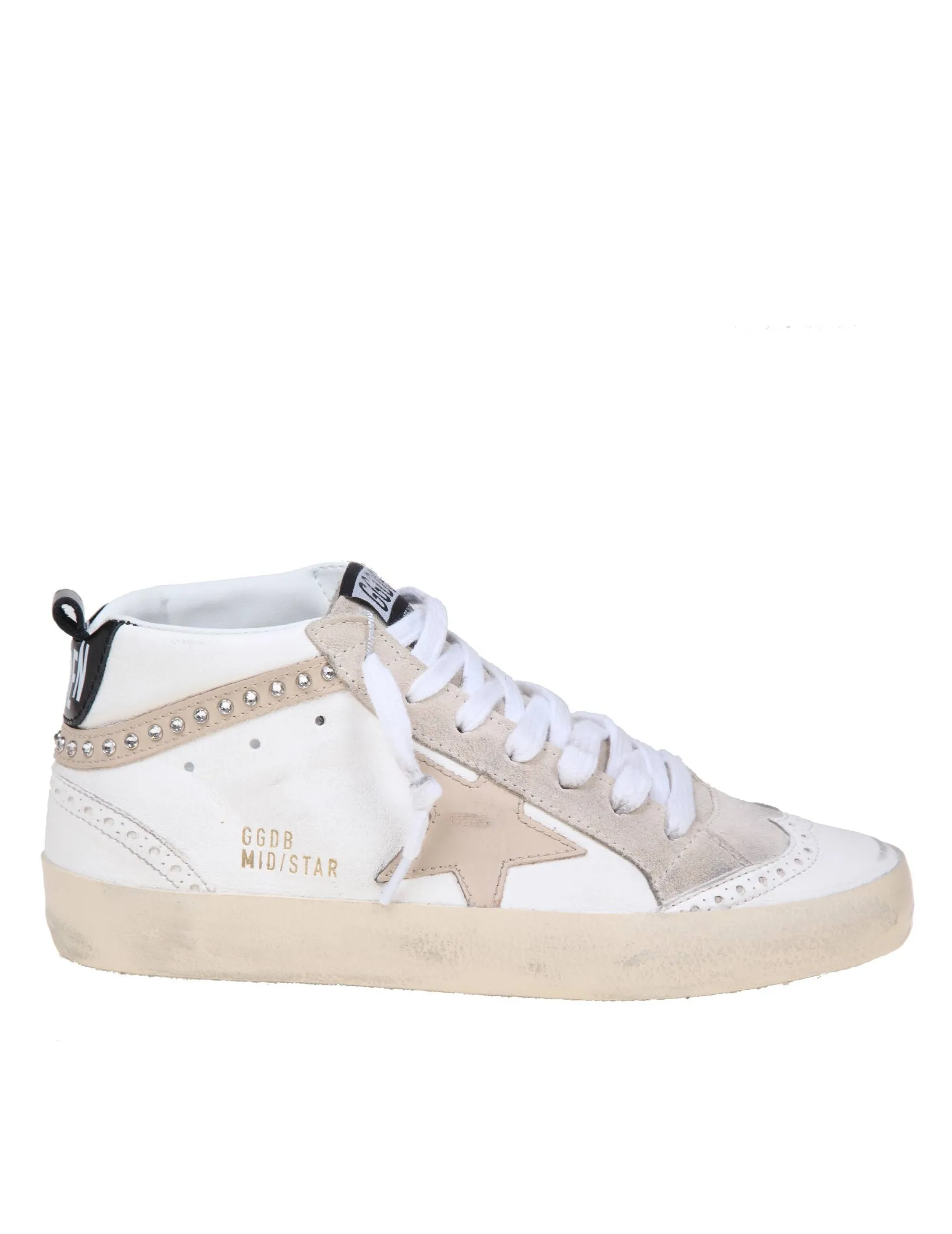 GOLDEN GOOSE MID STAR SNEAKERS IN WHITE LEATHER WITH APPLIED CRYSTALS