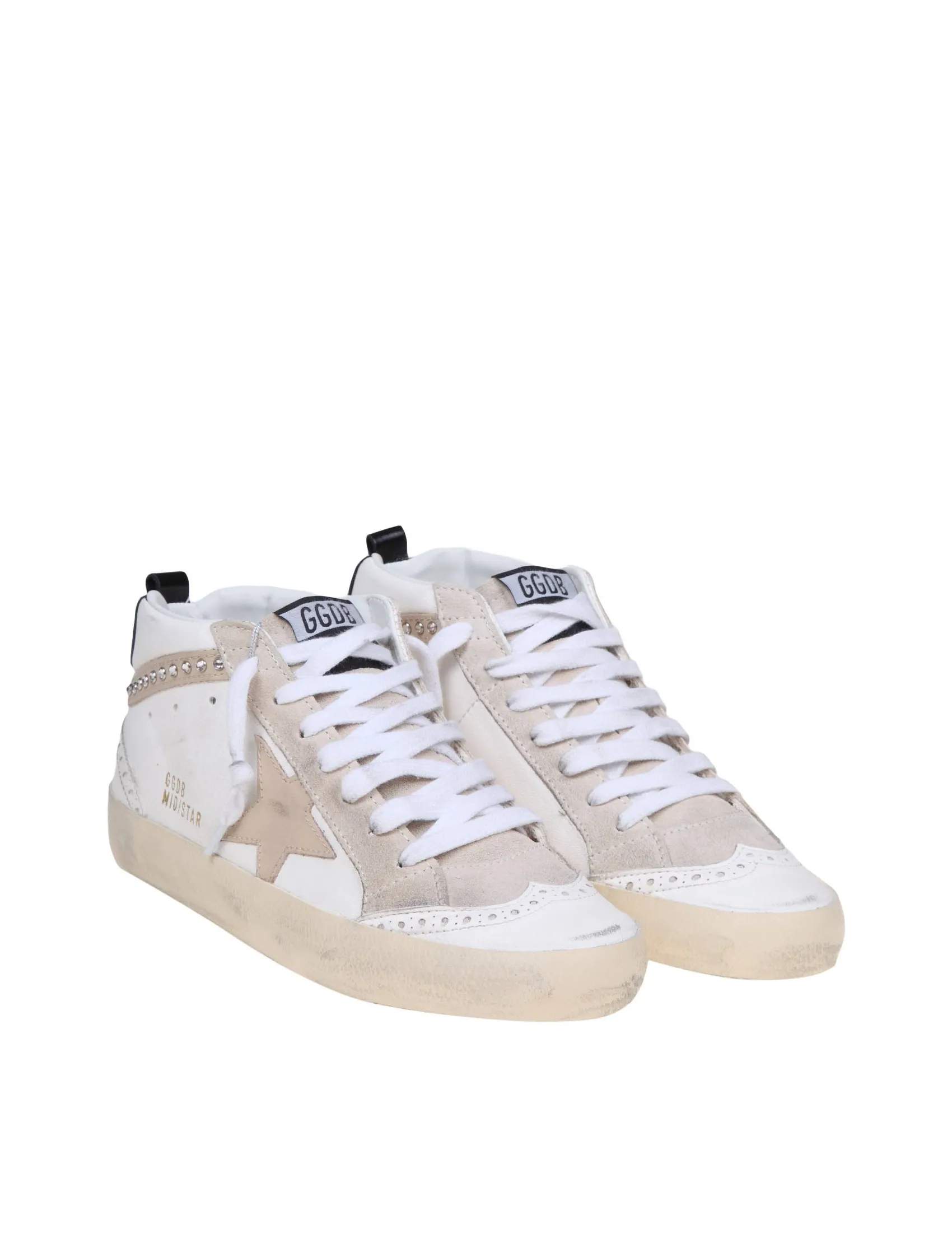 GOLDEN GOOSE MID STAR SNEAKERS IN WHITE LEATHER WITH APPLIED CRYSTALS