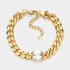 iLLASPARKZ 18K Gold Dipped Stainless Steel CZ Square Stone Accented Chain Link Bracelet