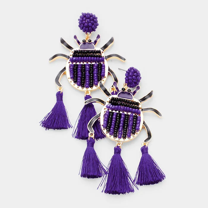 iLLASPARKZ Seed Beaded Ladybug Triple Tassel Earrings