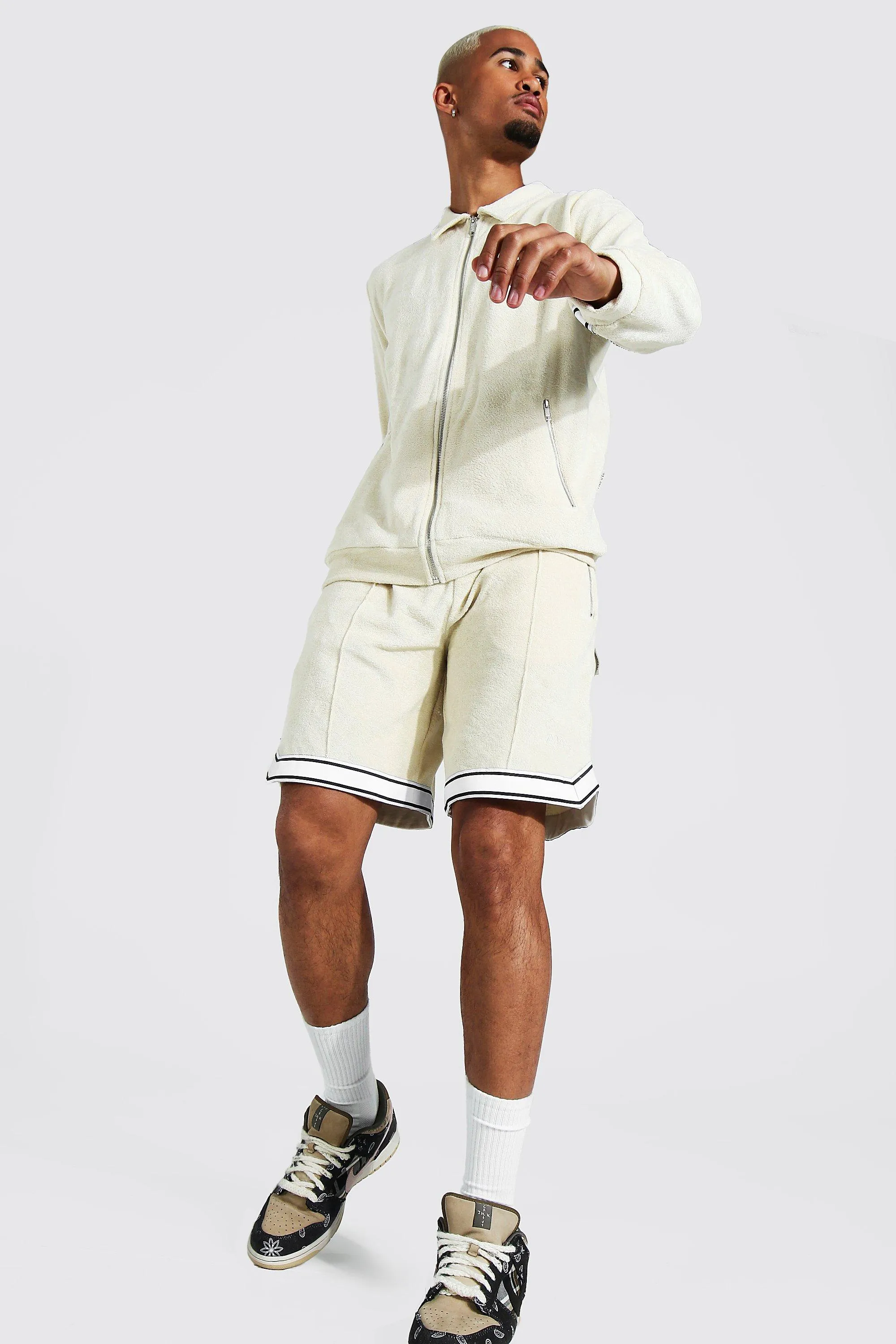 Man Towelling Zip Through Shorts Tracksuit | boohooMAN UK