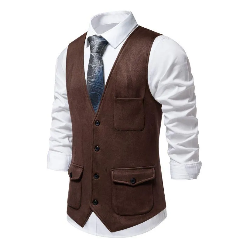 Men's Solid Color Multi-Pocket Suede Retro Vest 36145189X