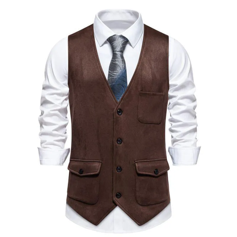 Men's Solid Color Multi-Pocket Suede Retro Vest 36145189X