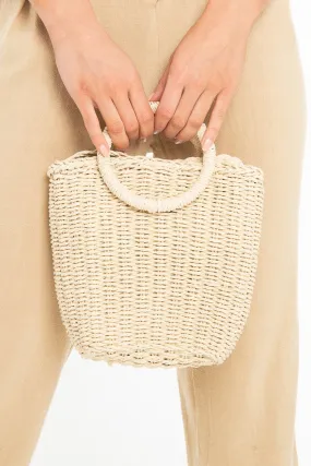 Natural Woven Handle Cross Body Bucket Bag - Channie