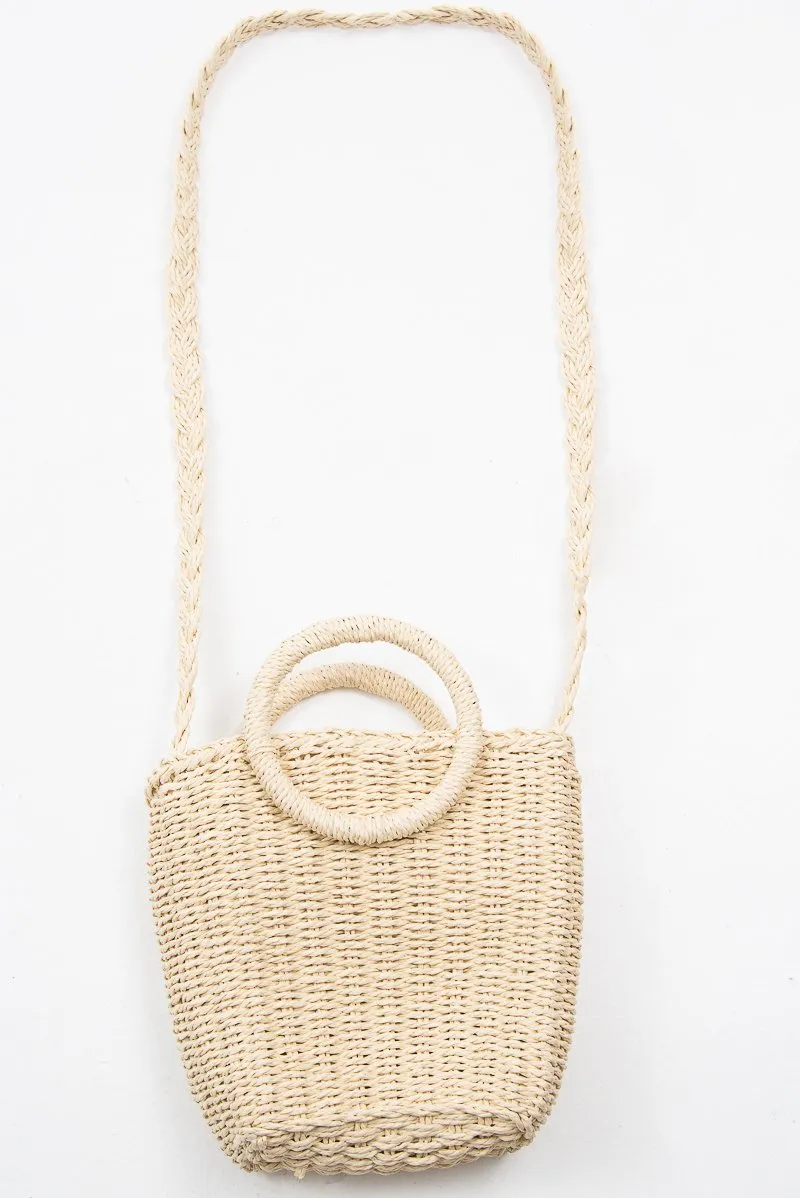 Natural Woven Handle Cross Body Bucket Bag - Channie