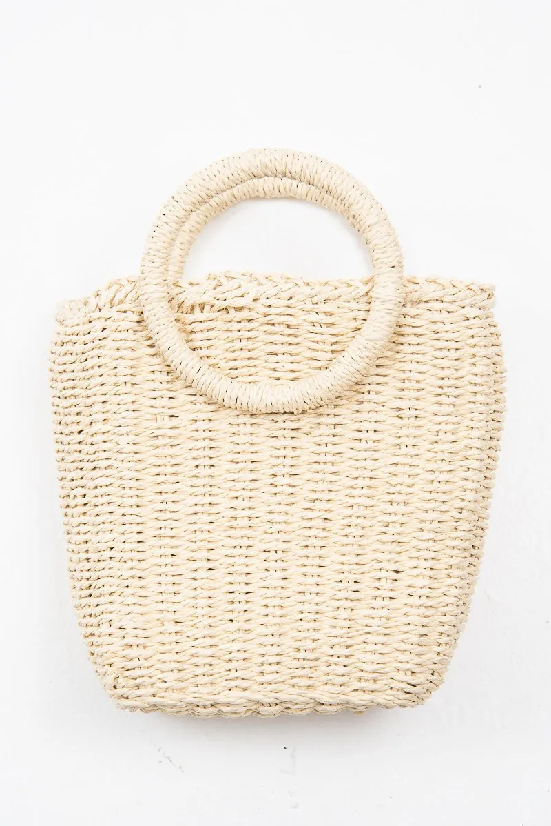 Natural Woven Handle Cross Body Bucket Bag - Channie