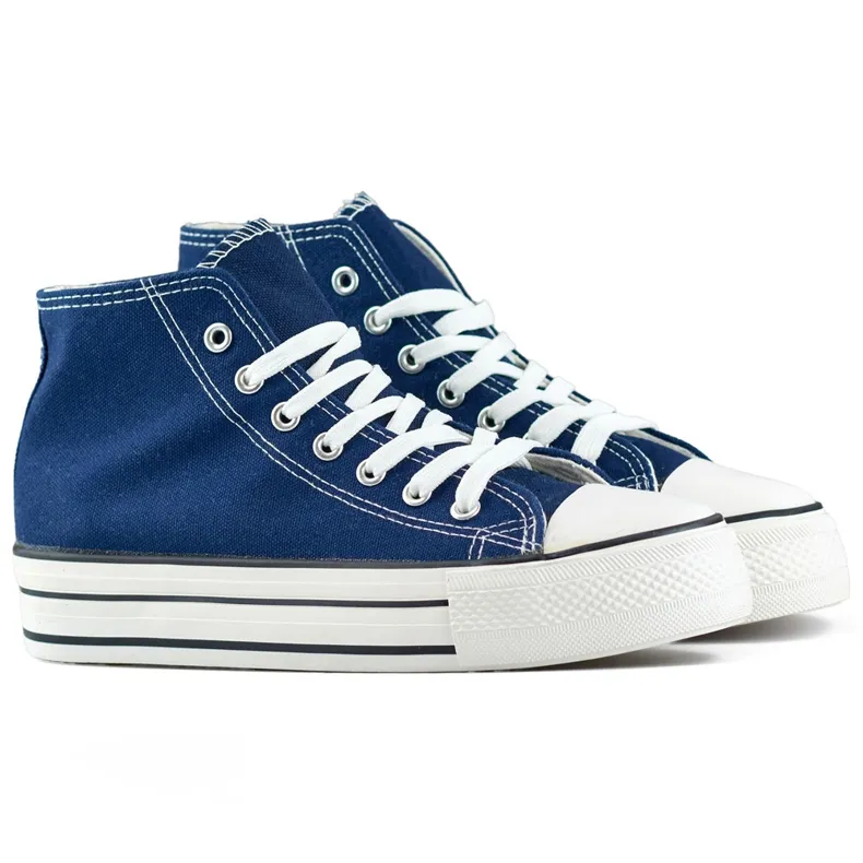 Navy blue high-top sneakers with a thick sole