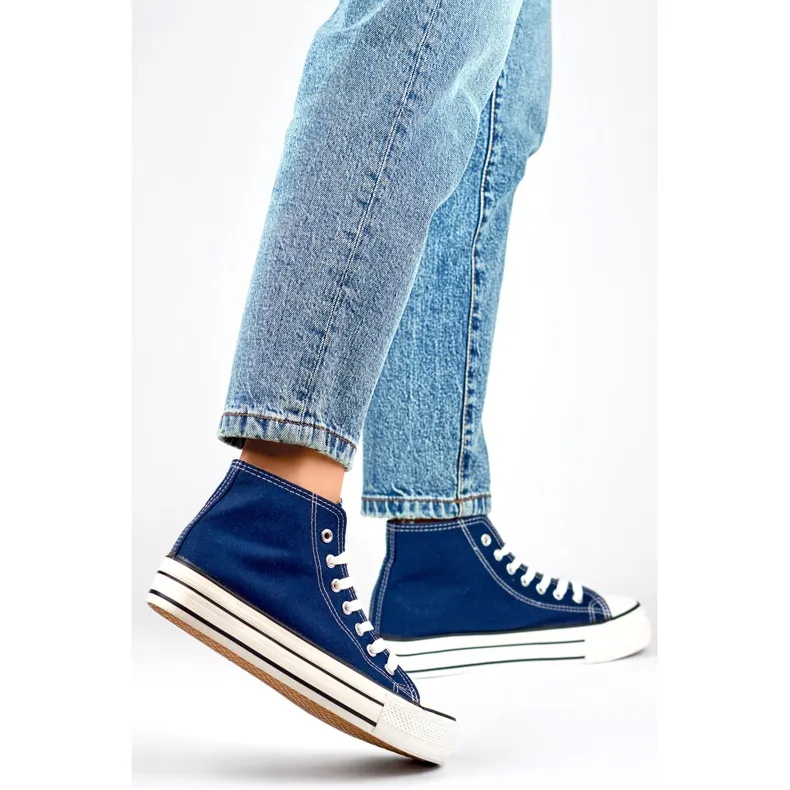 Navy blue high-top sneakers with a thick sole