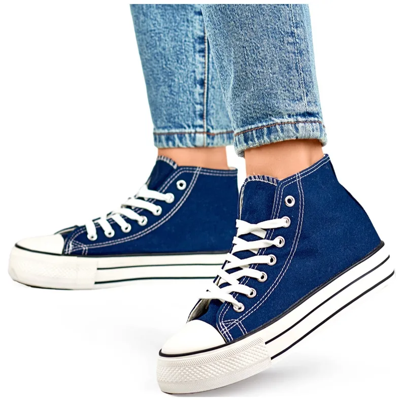 Navy blue high-top sneakers with a thick sole