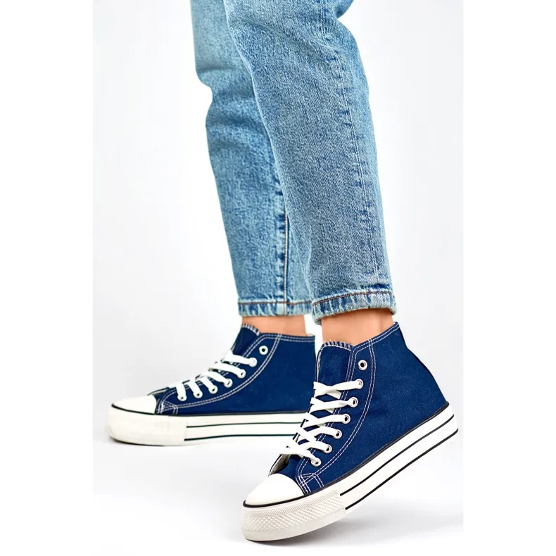 Navy blue high-top sneakers with a thick sole