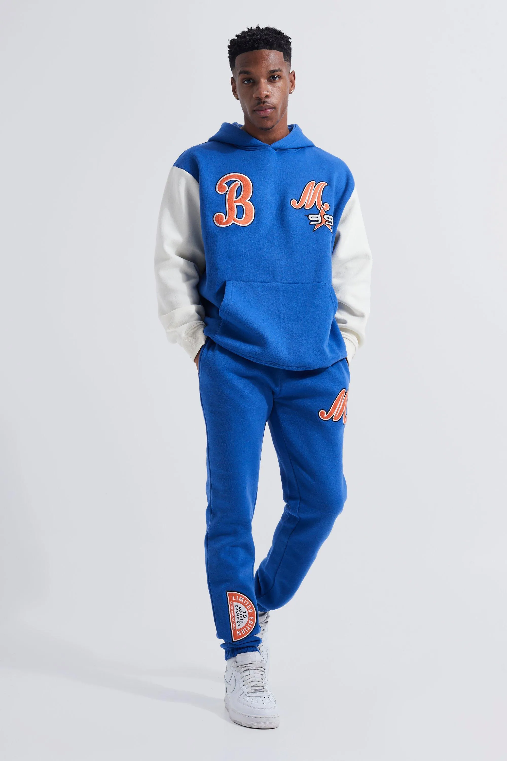 Oversized B Badge Varsity Hooded Tracksuit | boohooMAN UK