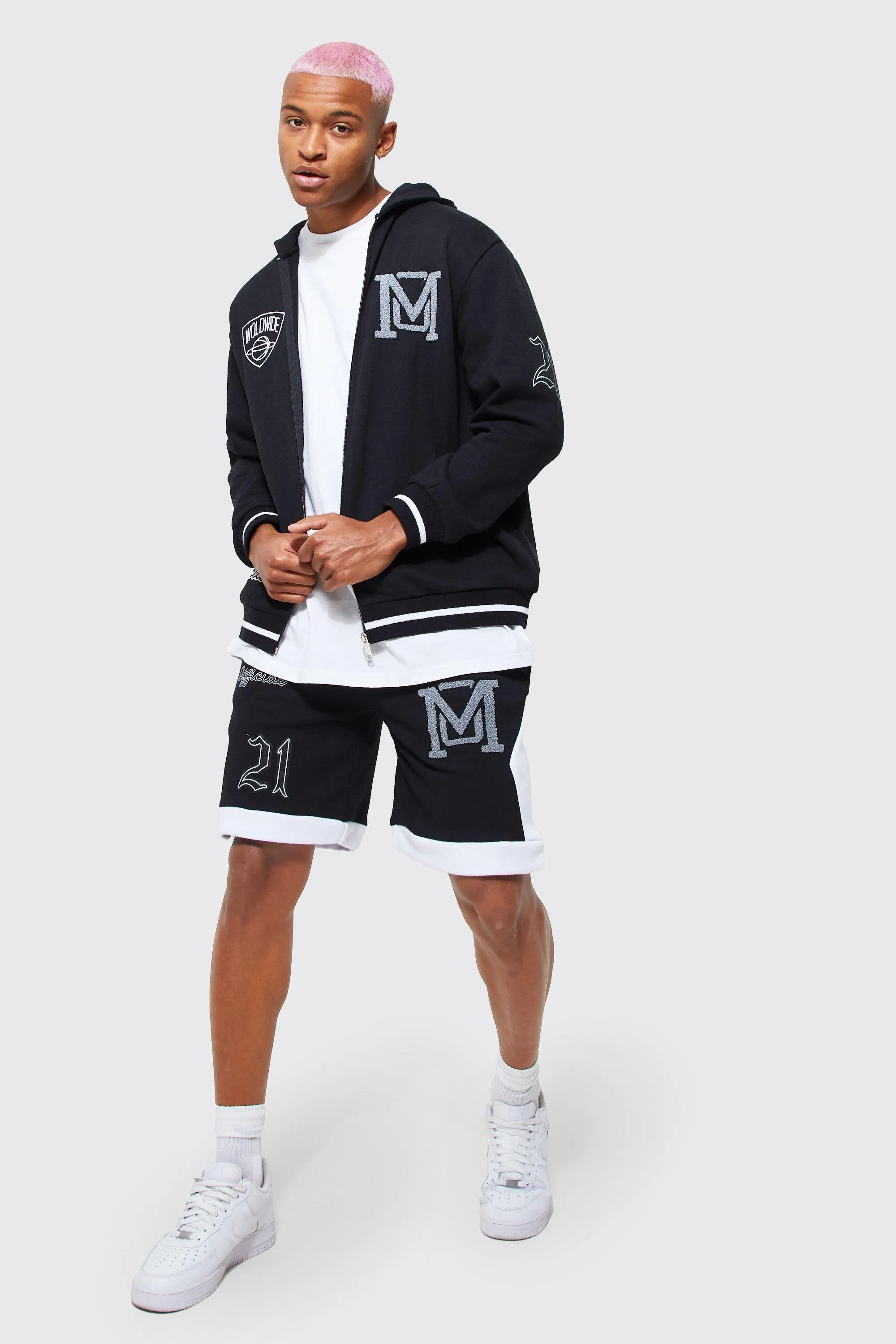 Oversized Varsity Zip Through Short Tracksuit | boohooMAN UK