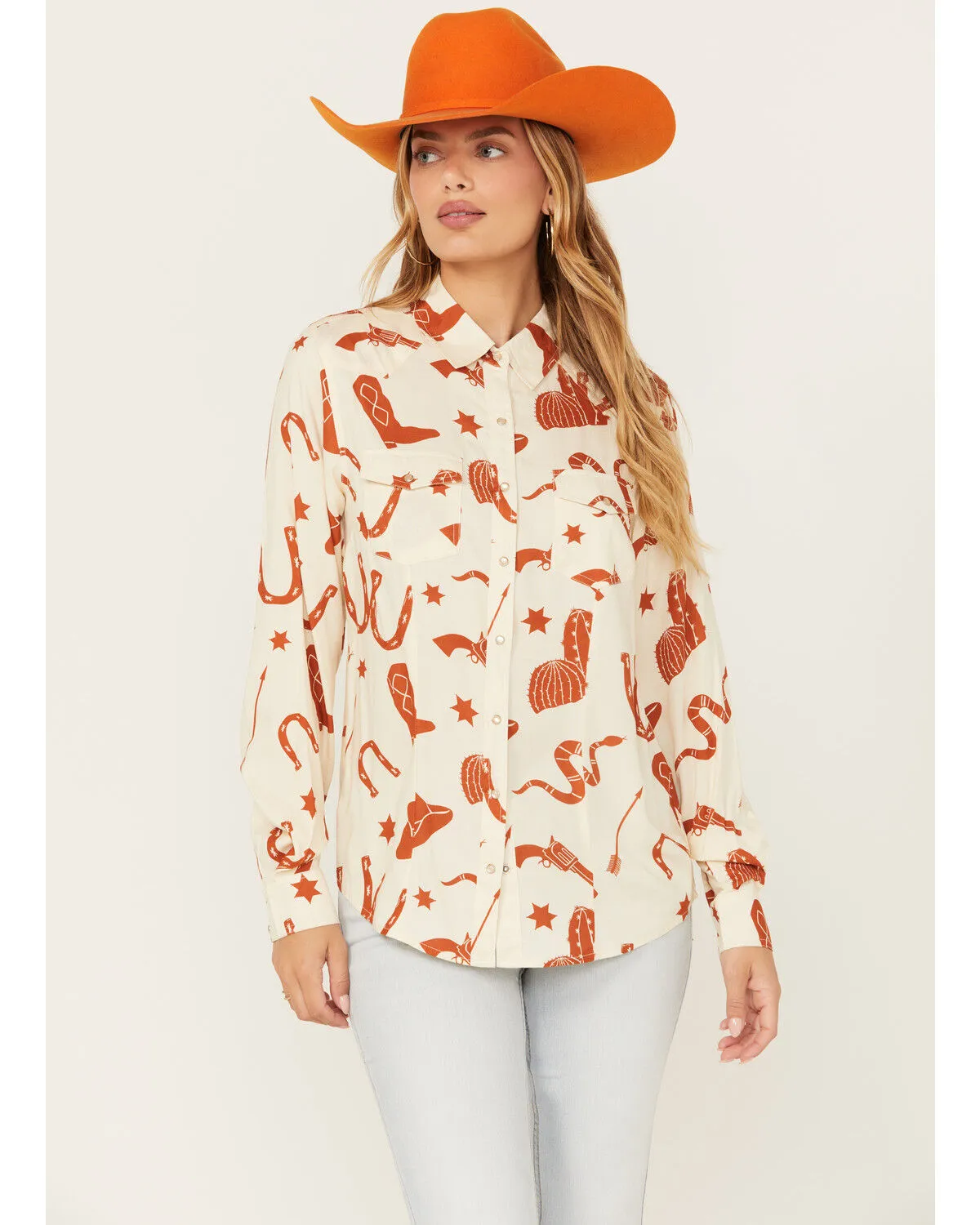 Product Name:  Cotton & Rye Women's Snake and Boot Conversation Print Long Sleeve Pearl Snap Western Shirt