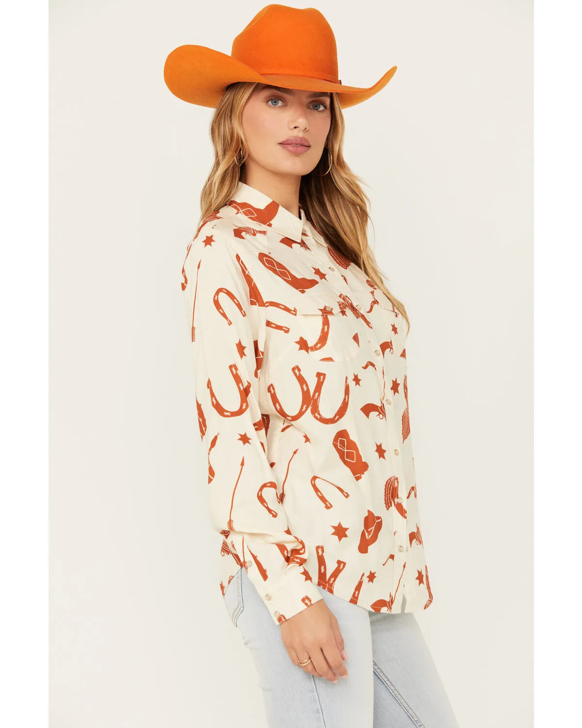 Product Name:  Cotton & Rye Women's Snake and Boot Conversation Print Long Sleeve Pearl Snap Western Shirt