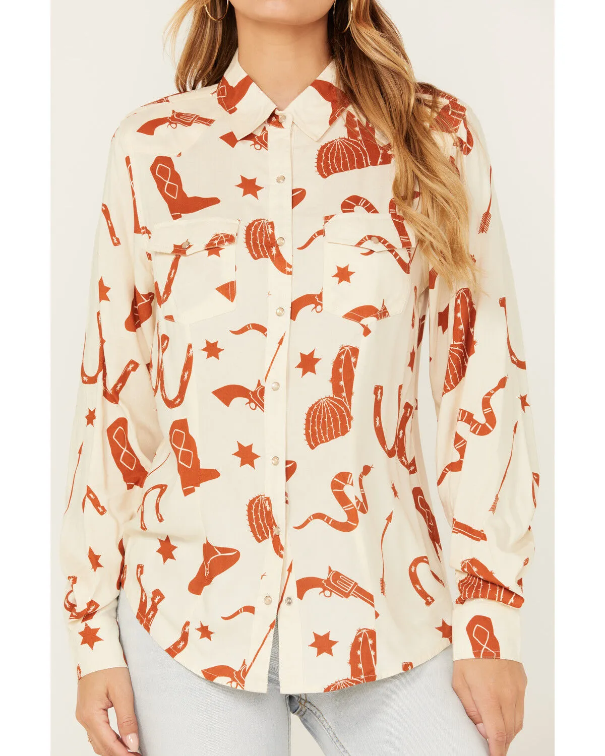 Product Name:  Cotton & Rye Women's Snake and Boot Conversation Print Long Sleeve Pearl Snap Western Shirt