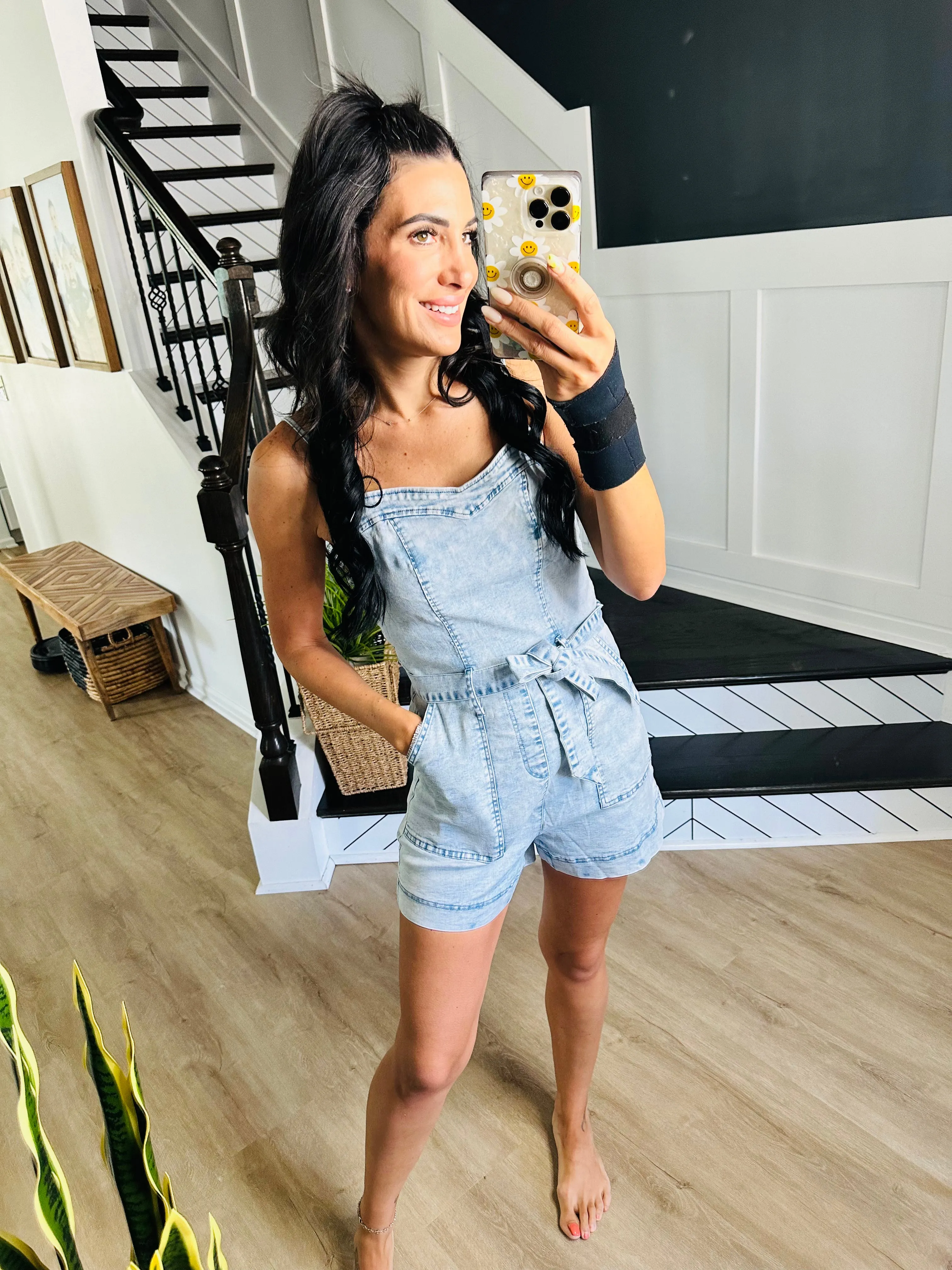 Tied Spaghetti Strap Denim Romper