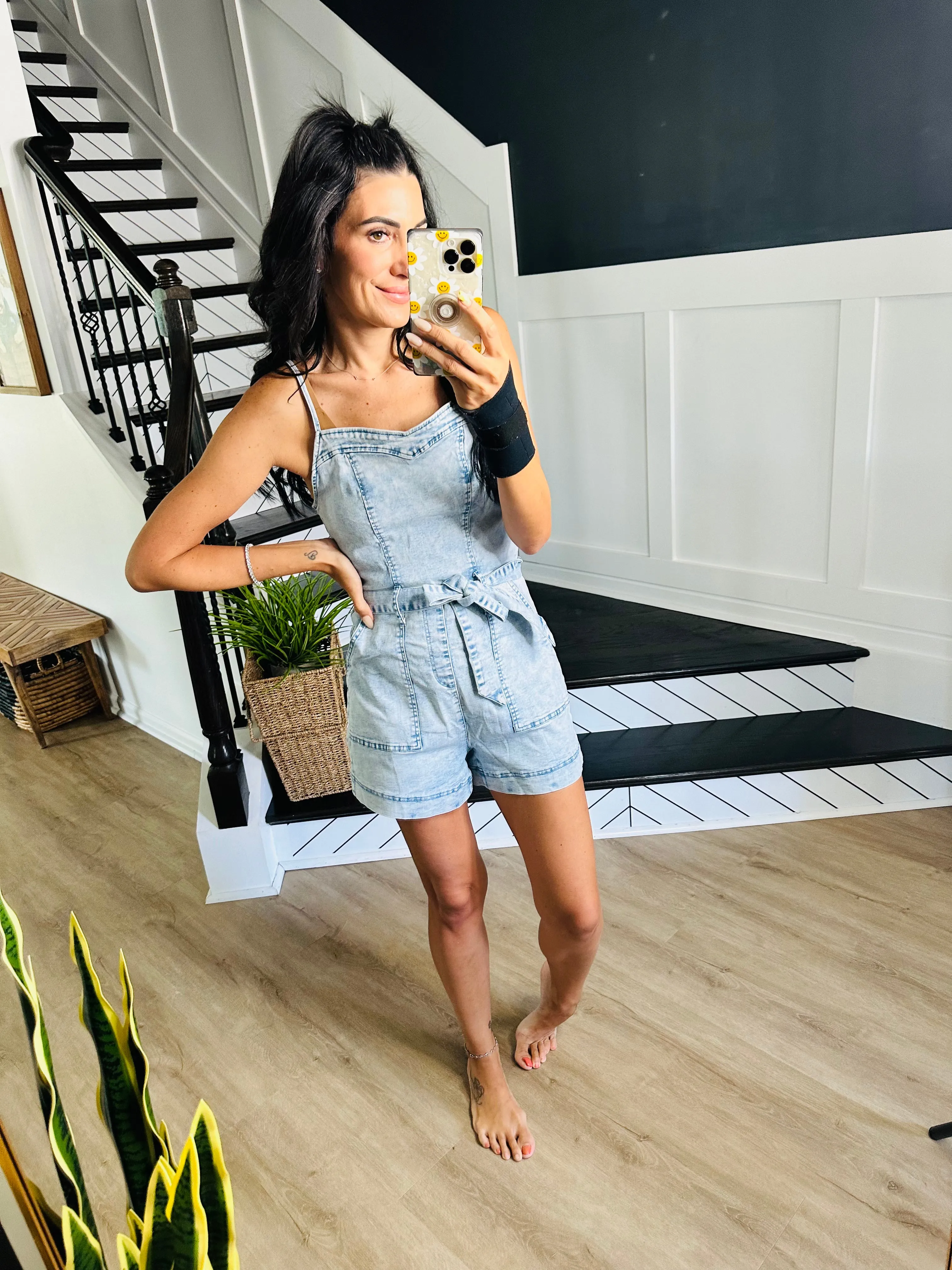 Tied Spaghetti Strap Denim Romper