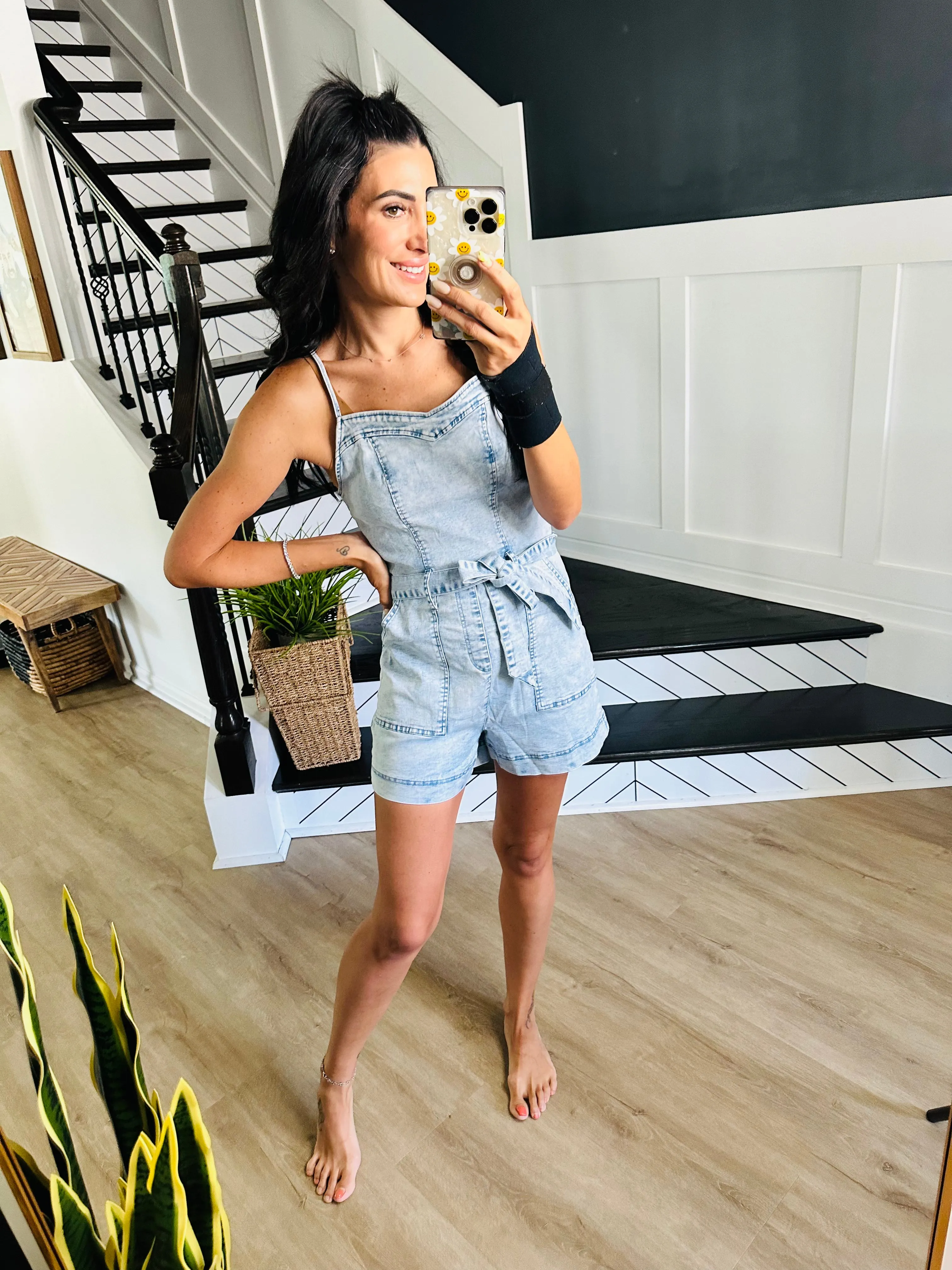 Tied Spaghetti Strap Denim Romper