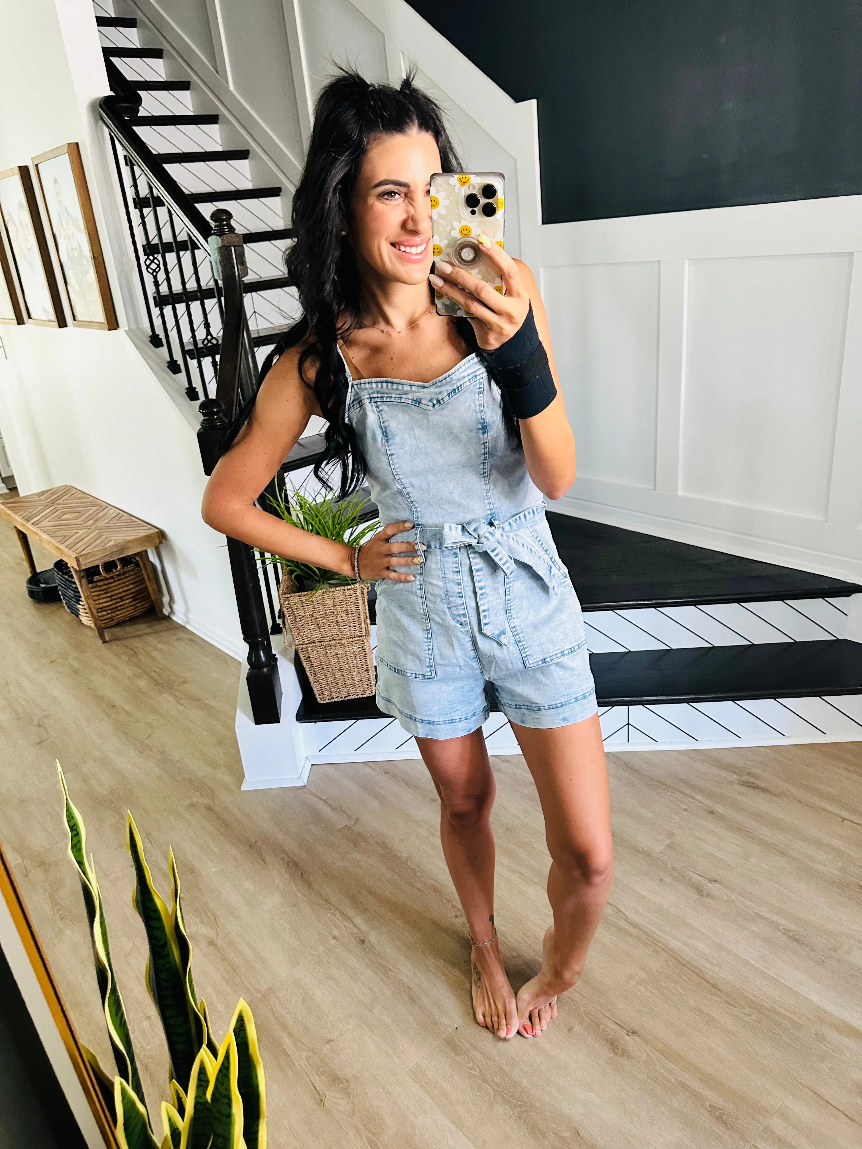 Tied Spaghetti Strap Denim Romper