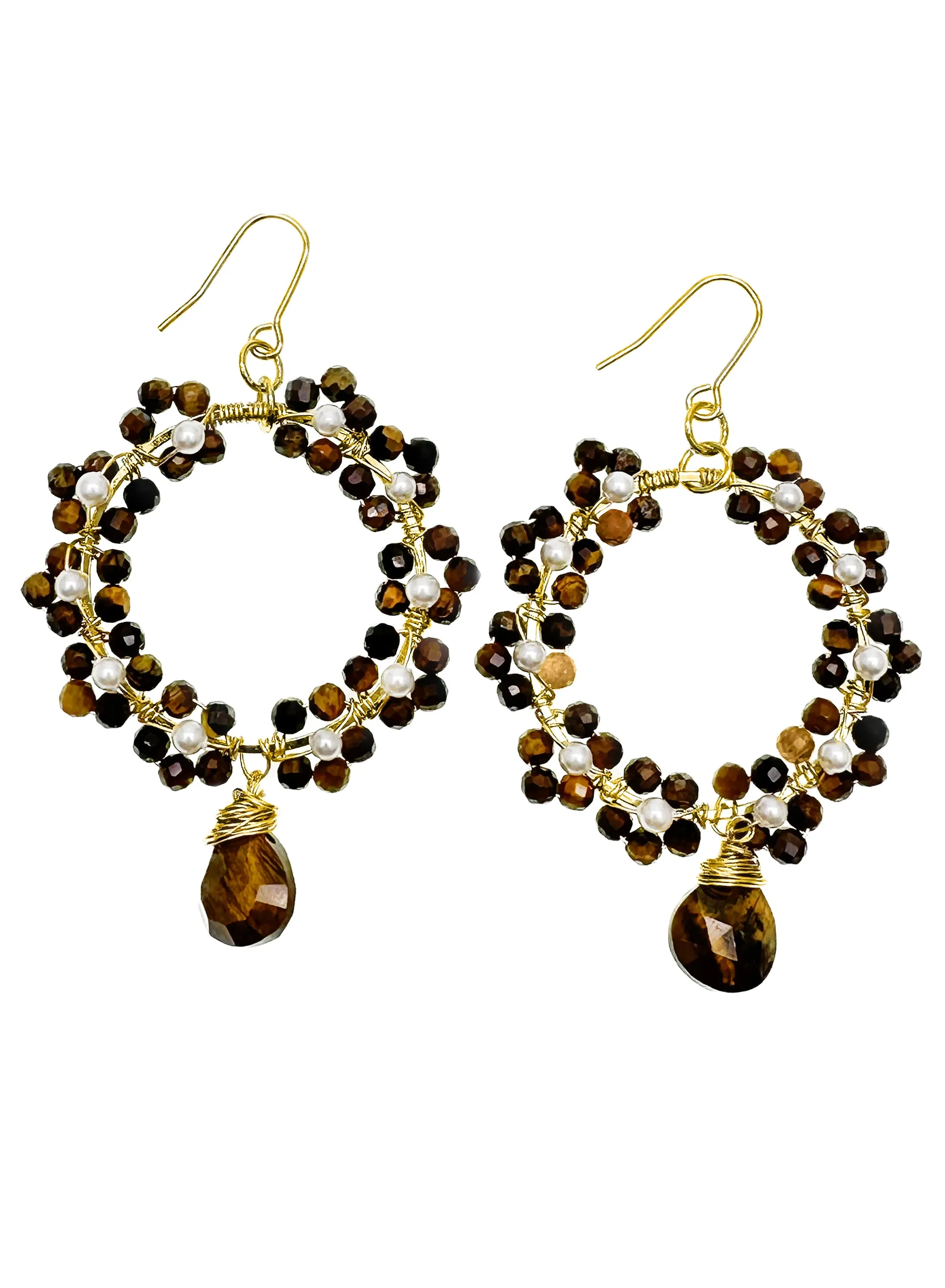 Tiger Eye Stone Crafted Flower Dangle Earrings KE016